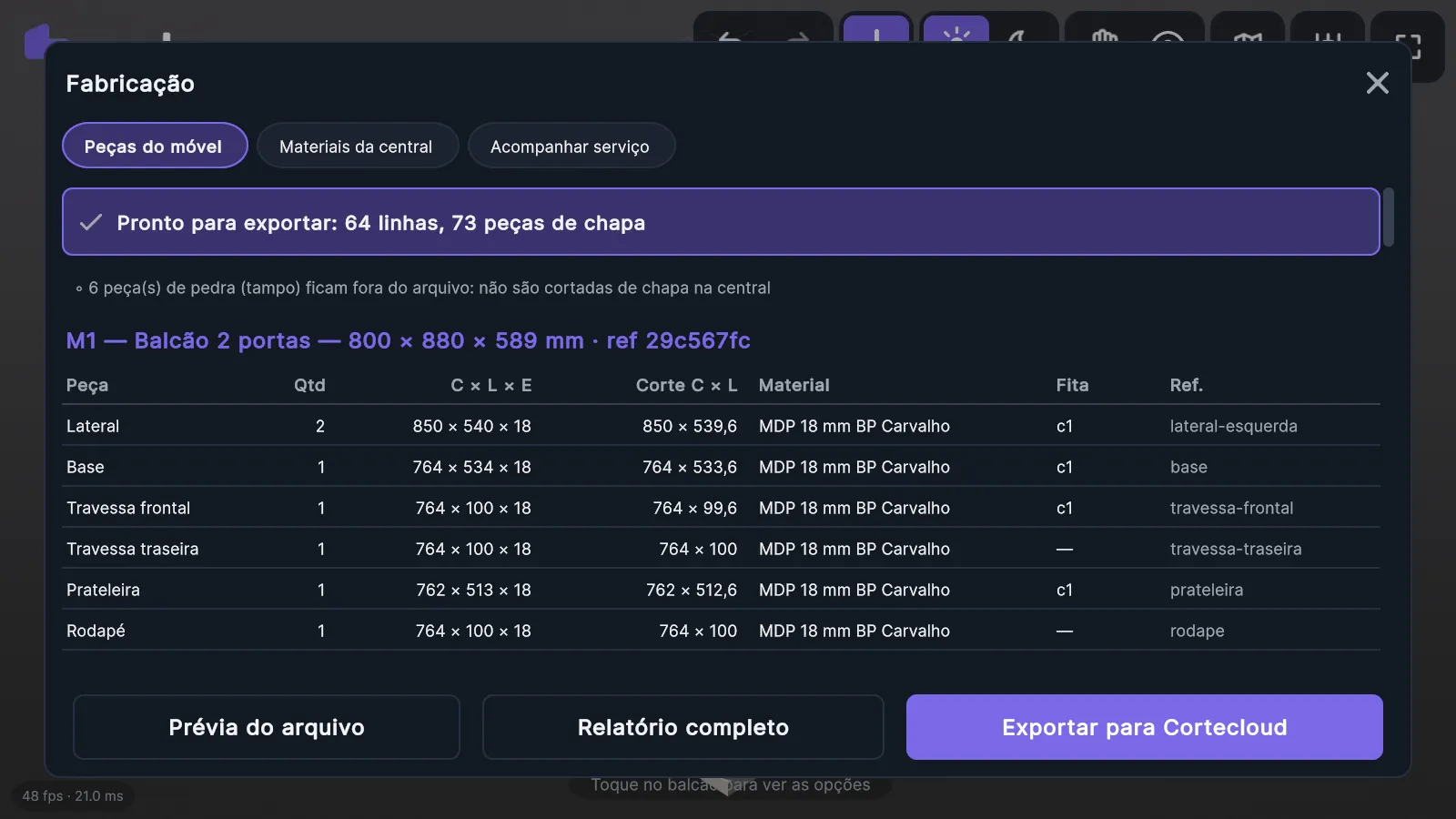 Lista de peças do móvel pronta para exportar