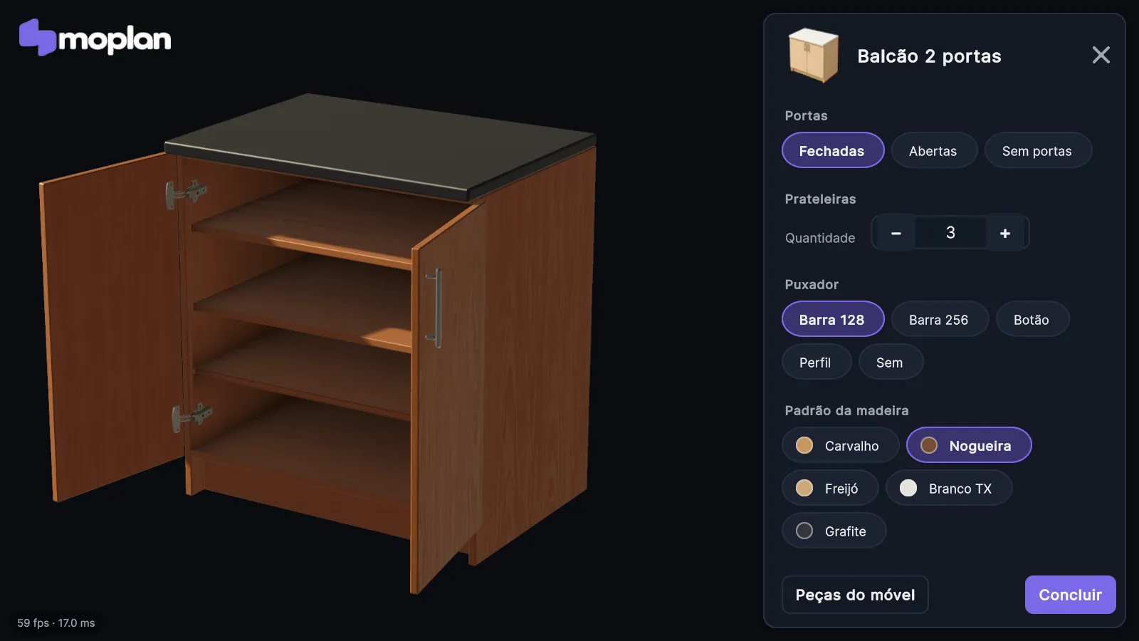 Tela de personalização de um balcão com portas abertas
