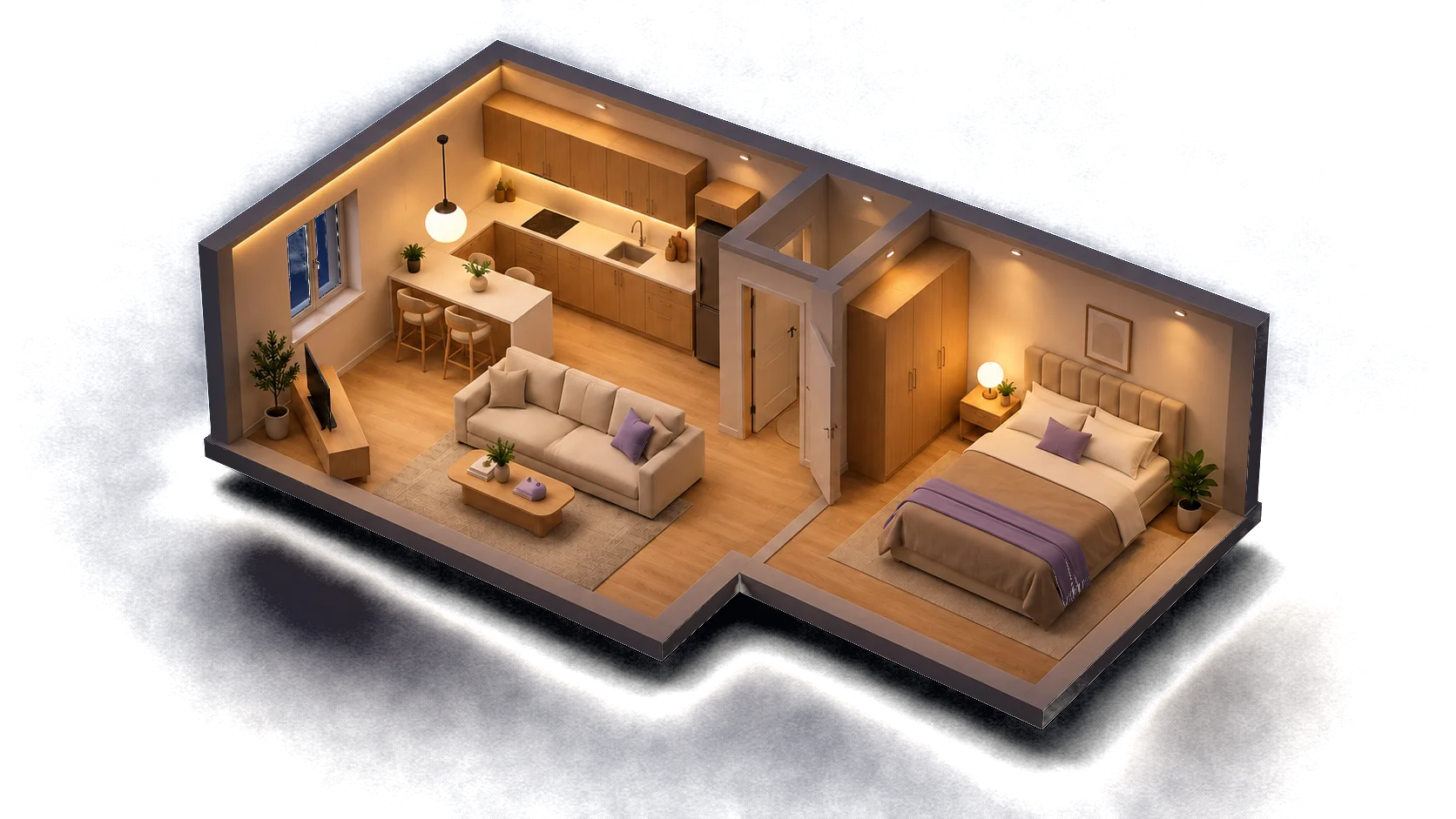 O mesmo apartamento à noite, com fitas de LED, spots e pendentes acesos