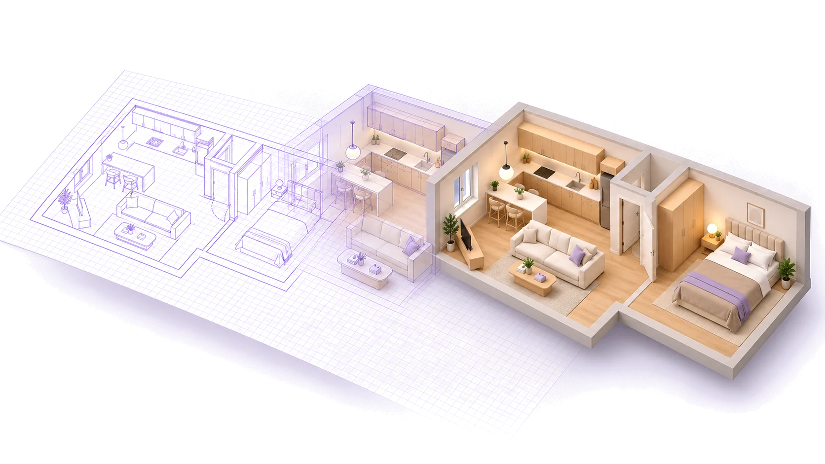 Planta 2D se transformando na maquete 3D do apartamento